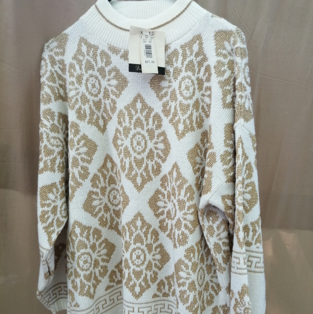 Vtg 80s Dana Scott Gold White Sweater NOS